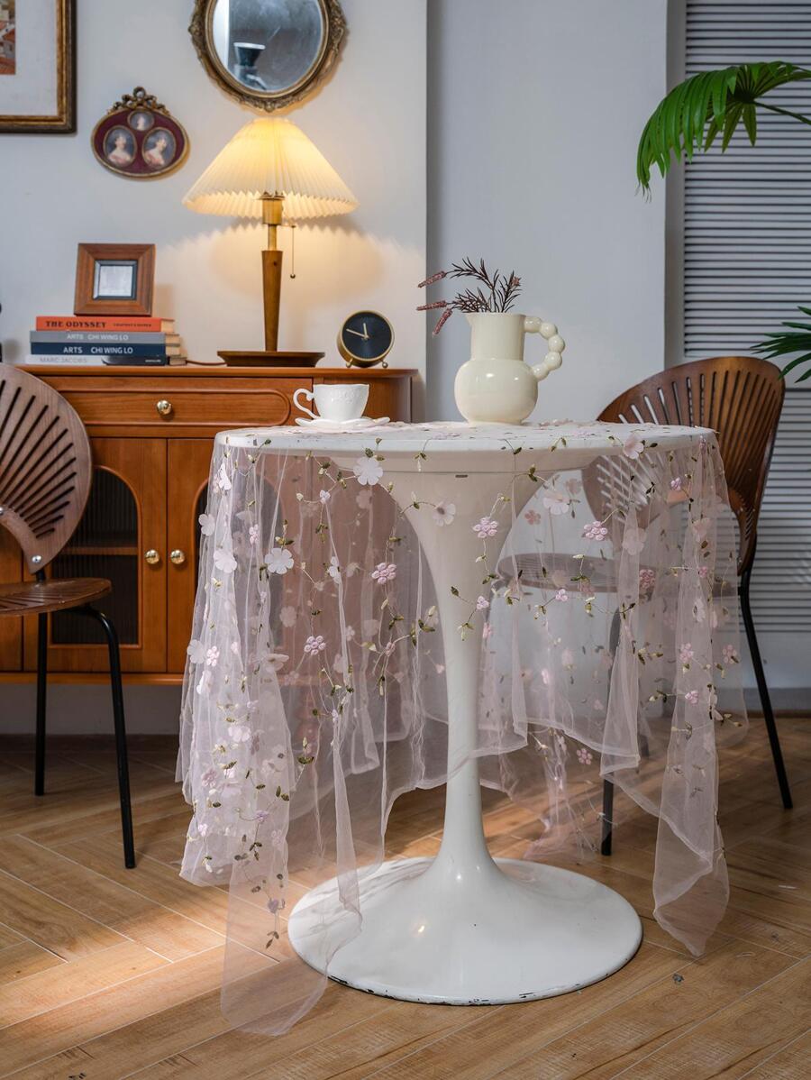 Khăn trải bàn thêu hoa, khăn trải bàn ren hồng cho bàn ăn - Hồng - Xem 1