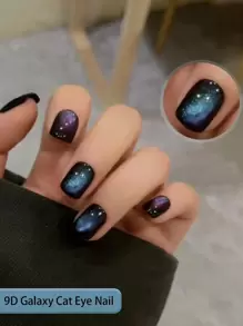 24pcs Short Square Halloween Nails, Full Coverage Press-On Nails For Sweet Starry Girl, 10pcs Black Nails With 14pcs Handmade 9D Chameleon Galaxy Nail Stickers, 1pc Nail File And 1pc Jelly Gel Included - Multicolor - View 2