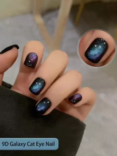 24pcs Short Square Halloween Nails, Full Coverage Press-On Nails For Sweet Starry Girl, 10pcs Black Nails With 14pcs Handmade 9D Chameleon Galaxy Nail Stickers, 1pc Nail File And 1pc Jelly Gel Included