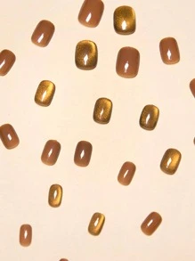 24pcs Short Brown Square Solid Color Match + 10pcs 9D Galaxy Color-Changing Cat Eye Nail Films + 1pc Nail File + 1pc Jelly Gel Press On Nails Nail Supplies - Multicolor - View 5