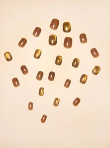 24pcs Short Brown Square Solid Color Match + 10pcs 9D Galaxy Color-Changing Cat Eye Nail Films + 1pc Nail File + 1pc Jelly Gel Press On Nails Nail Supplies - Multicolor - View 4