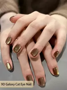 24pcs Short Brown Square Solid Color Match + 10pcs 9D Galaxy Color-Changing Cat Eye Nail Films + 1pc Nail File + 1pc Jelly Gel Press On Nails Nail Supplies - Multicolor - View 2