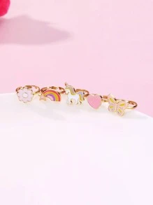 5pcs/set Colorful Zinc Alloy Rainbow Heart, Flower, Butterfly Adjustable Rings For Girls, Suitable As Daily Accessories And Gifts - Multicolor - View 1