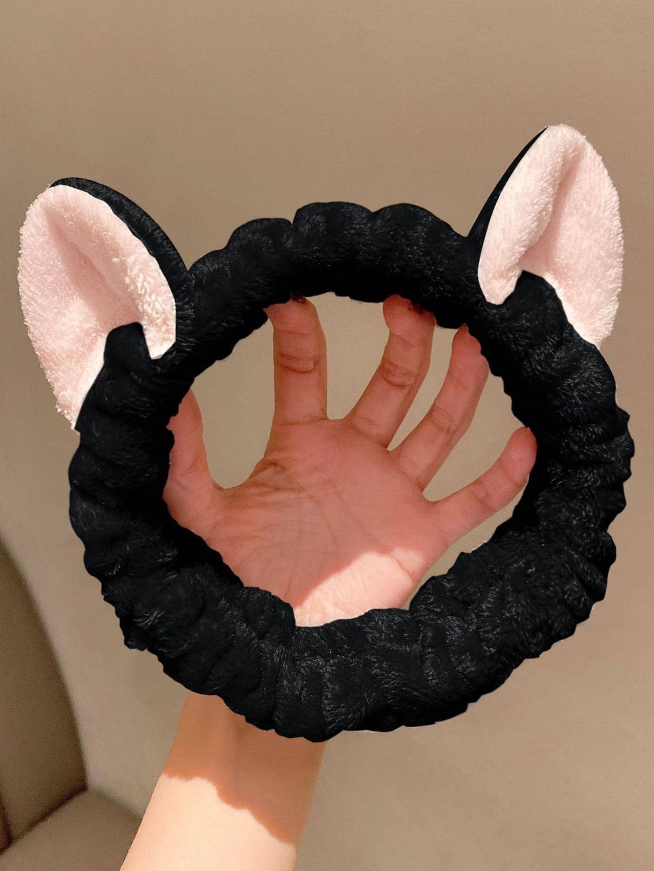 1pc Two Tone Bath Headband, Cute Polyester Cartoon Ear Decor Facial Makeup Headband For Bathroom Home Bathroom Decor Fall Decor Back To School Hair Accessories - Black - View 1