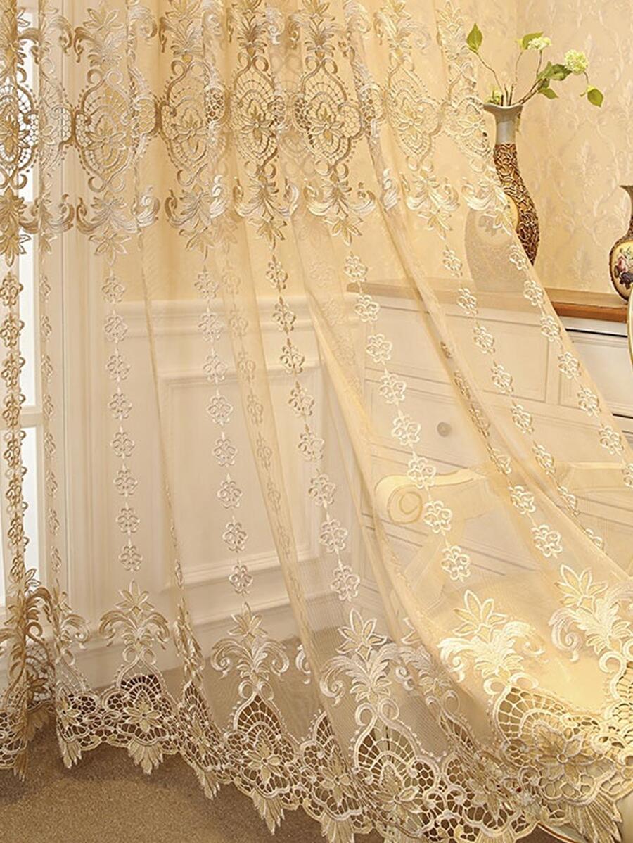 1pc European Style Elegant Hollow Embroidered Voile Curtain Fabric - Beige - View 1