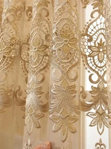 1pc European Style Elegant Hollow Embroidered Voile Curtain Fabric - Beige - View 3