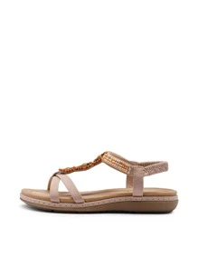 Comfortable Dressy Summer Flat Sandals For Women, Cute Elastica Ankle Strap Ladies Elegant Bohemian Vacations Beach Sandals - 粉色 - 查看 3