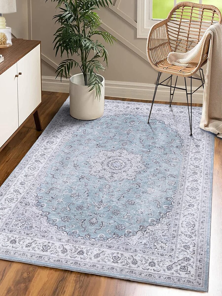 Vintage Print Area Rug For Living Room Bedroom, Machine Washable Stain Resistant Low-Pile Non-Slip Distressed Rug Carpet - Blue - View 1
