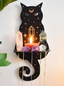 Black Cat Crystal Display Shelf With Hanging Hooks Floating Moon Cat Shelf For Crystals Wooden Halloween Cute Wall Shelves Crystal Holder For Stones Display Gothic Wall Decor For Home,Home Decor ,Room Decor,Wall Decor Gifts Birthday Graduation Halloween Decor Fall Decor - Multicolor - View 2