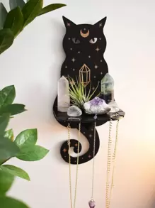 Black Cat Crystal Display Shelf With Hanging Hooks Floating Moon Cat Shelf For Crystals Wooden Halloween Cute Wall Shelves Crystal Holder For Stones Display Gothic Wall Decor For Home,Home Decor ,Room Decor,Wall Decor Gifts Birthday Graduation Halloween Decor Fall Decor - Multicolor - View 3
