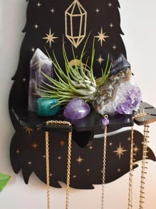 Soporte de lobo montado en la pared Estante de pared Decoración de madera negra Estantes abiertos de madera Estante de luna Estante de piedra Colgante Soporte de exhibición bohemio Estante de exhibición de artesanías de cristal Soporte decorativo - Multicolor - Ver 5