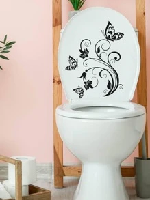 1 件蝴蝶和花卉图案马桶盖贴花、贴纸、墙贴花、乙烯基贴花用于家居装饰、春季装饰品让您的家焕然一新、拉玛装饰贴纸礼物生日毕业 - 黑色 - 查看 4
