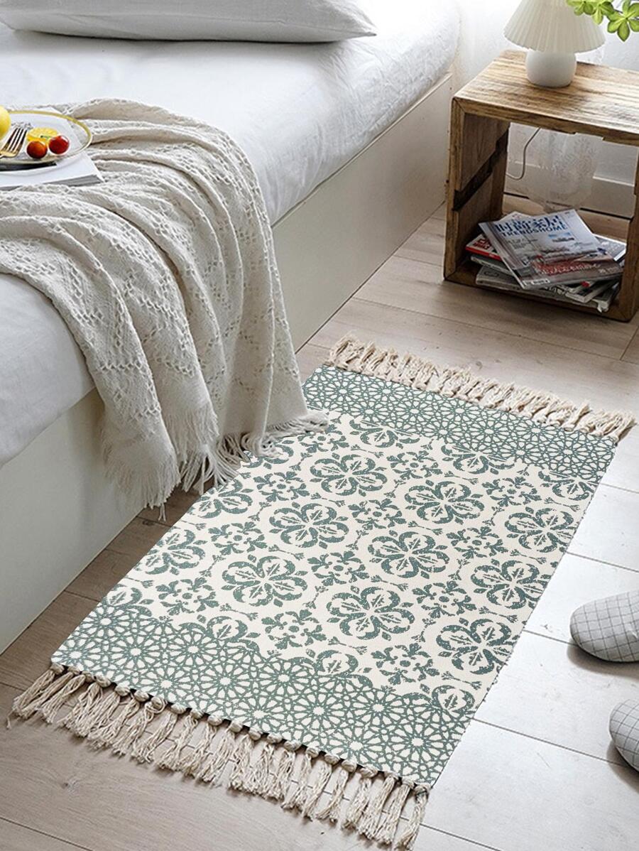 1 pieza Alfombra con patrón geométrico con diseño de fleco - Multicolor - Ver 1