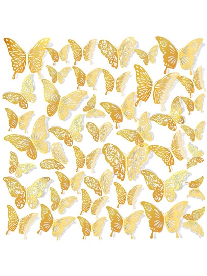 60PCS Hollow Butterfly Wall Decals 5 Style 3D Butterflies Stickers DIY Removable PVC Refraction Shiny Gold Home Art Decor For Bedroom Living Room Nursery Playroom Decoration, Stickers, Wall Decal, Vinyl Decal For Home Decorations, Spring Decoration Items Refresh Your Home, Rama Decoration Stickers Gifts Birthday Graduation