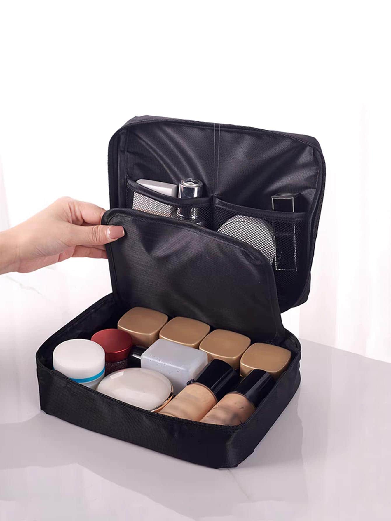 1 Túi Đựng Đồ Trang Điểm Polyester, Tối Giản Đồng Màu Túi Bảo Quản Trang Điểm Nhiều Lớp Cho Gia Đình - màu đen - Xem 1