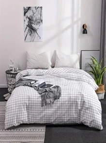 Plaid Pattern Duvet Cover Set Without Filler, Modern Polyester Duvet Cover Set (1pc Comforter Cover & 2pcs Pillowcase) For Bedroom - White - View 1