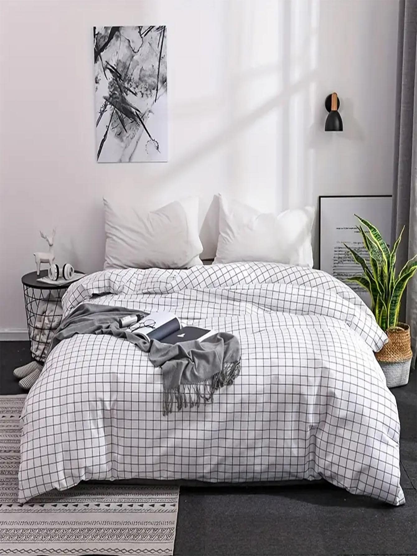Plaid Pattern Duvet Cover Set Without Filler, Modern Polyester Duvet Cover Set (1pc Comforter Cover & 2pcs Pillowcase) For Bedroom - White - View 1