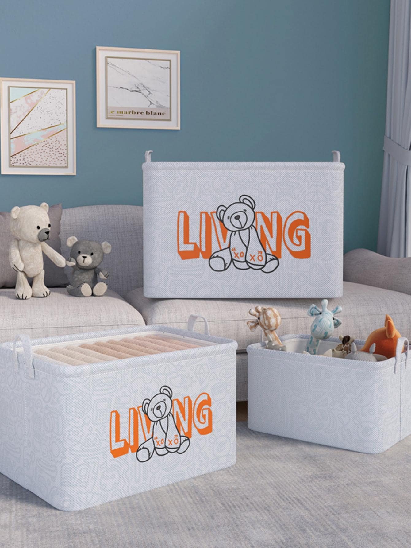 1 Hộp đựng quần áo họa tiết gấu hoạt hình (Mẫu vải nền ngẫu nhiên, Kích thước nhỏ không có tranh gấu và dây rút) - trắng - Xem 1