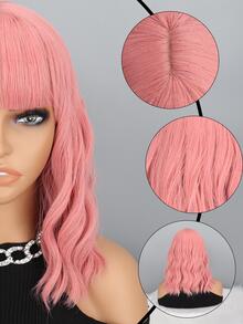 Short Body Wave Synthetic Wig With Bangs - Pink - View 8