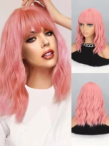 Short Body Wave Synthetic Wig With Bangs - Pink - View 1