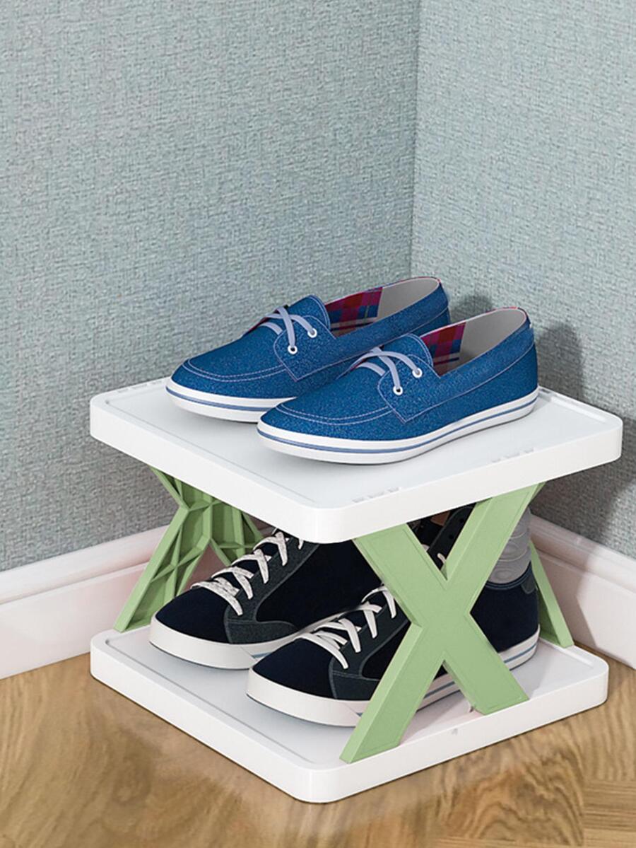 1pc Plastic Shoe Rack, Minimalist Plain Double-layer Shoe Storage Rack For Home - Green - View 1