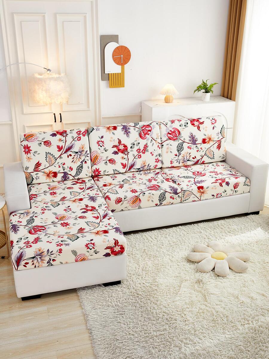 1pc Flower Pattern Sofa Cushion Cover, Modern Polyester Sofa Cushion Cover For Home - Red and White - View 1
