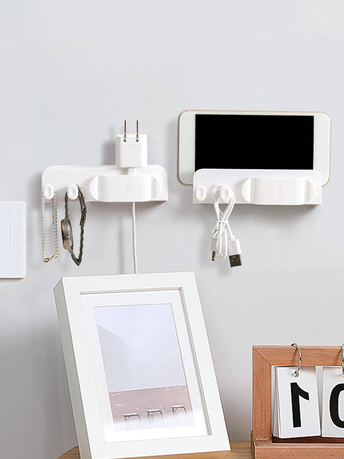 1pc PP Storage Rack, Minimalist Plain Wall Mounted Data Line Storage Rack For Home - White - View 1