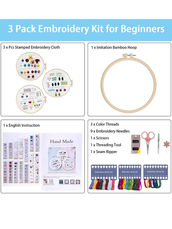 Embroidery Kit Beginners Embroidery Practice kit, 3 Sets Hand