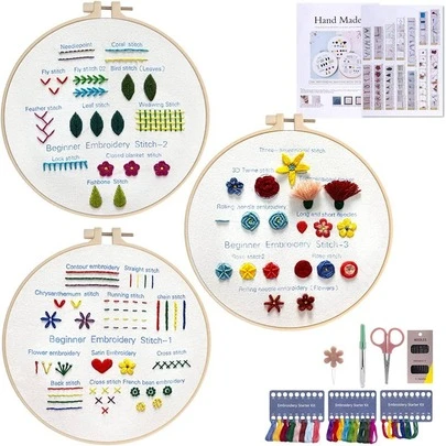 3 Pack Embroidery Kit For Beginners & Adults Learn 33 Stitch Techniques With Floral Patterns, Complete DIY Kit With Hoop, Color Threads, Tools, Easy Instructions & Video-Great For Gifting