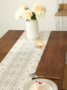 1pc Floral Lace Kitchen Table Runner, Hollow Out Tassel Decor Table Runner For Home - Beige - View 6