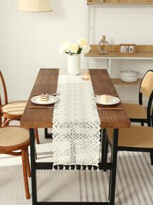 1pc Floral Lace Kitchen Table Runner, Hollow Out Tassel Decor Table Runner For Home - Beige - View 4
