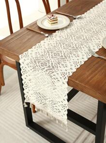 1pc Floral Lace Kitchen Table Runner, Hollow Out Tassel Decor Table Runner For Home - Beige - View 5
