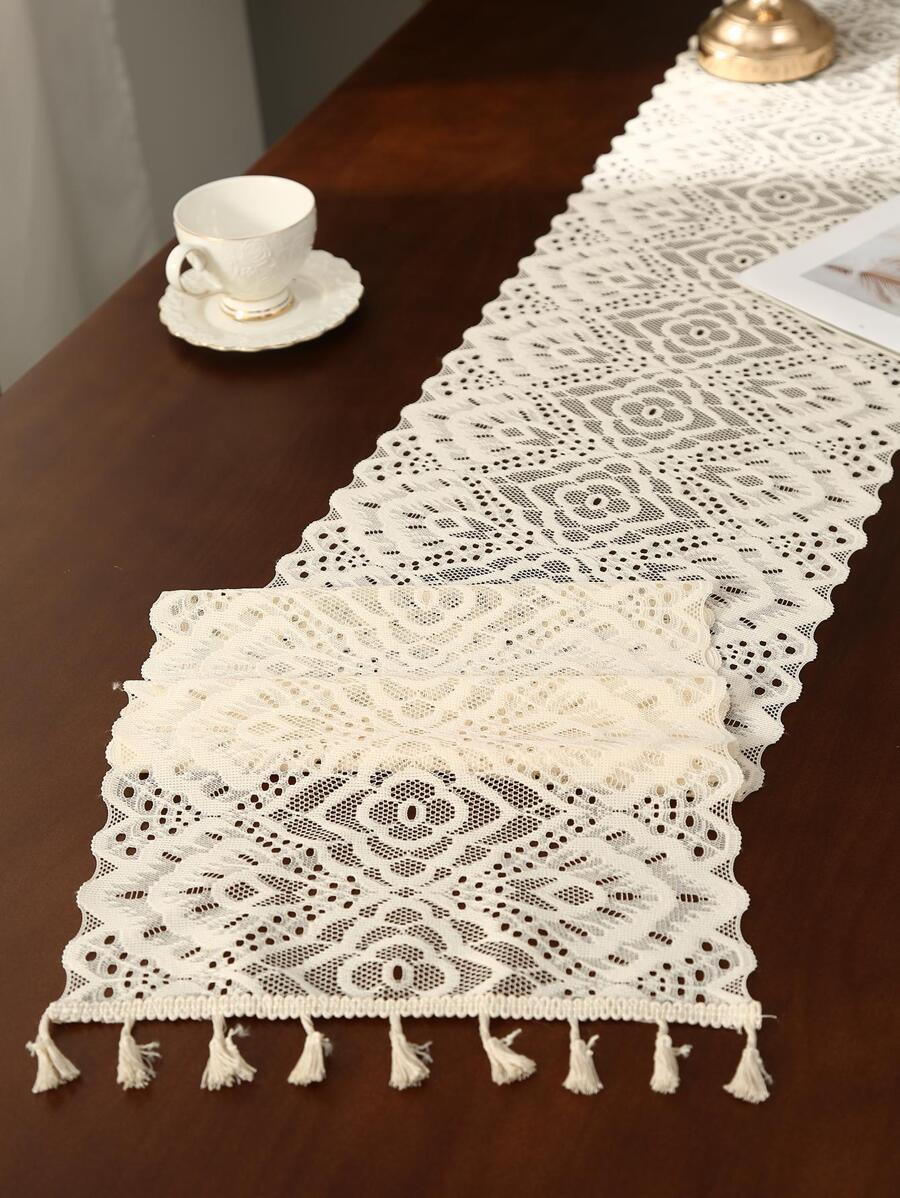 1pc Floral Lace Kitchen Table Runner, Hollow Out Tassel Decor Table Runner For Home - Beige - View 1