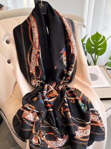 1 chiếc khăn quàng cổ thời trang họa tiết lá cho phụ nữ, cho cuộc sống hàng ngày - màu đen - Xem 1