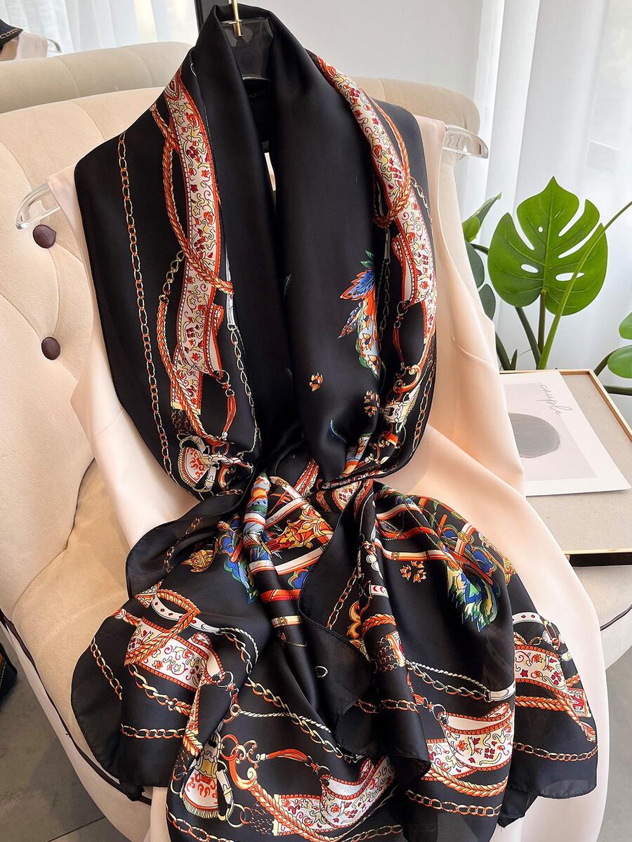 1 chiếc khăn quàng cổ thời trang họa tiết lá cho phụ nữ, cho cuộc sống hàng ngày - màu đen - Xem 1
