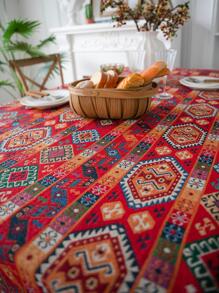 1pc Polyester Tablecloth, Modern Jacquard Geometric Pattern Waterproof Tablecloth For Kitchen Dining Table - Red - View 3