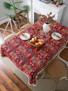 1pc Polyester Tablecloth, Modern Jacquard Geometric Pattern Waterproof Tablecloth For Kitchen Dining Table - Red - View 1