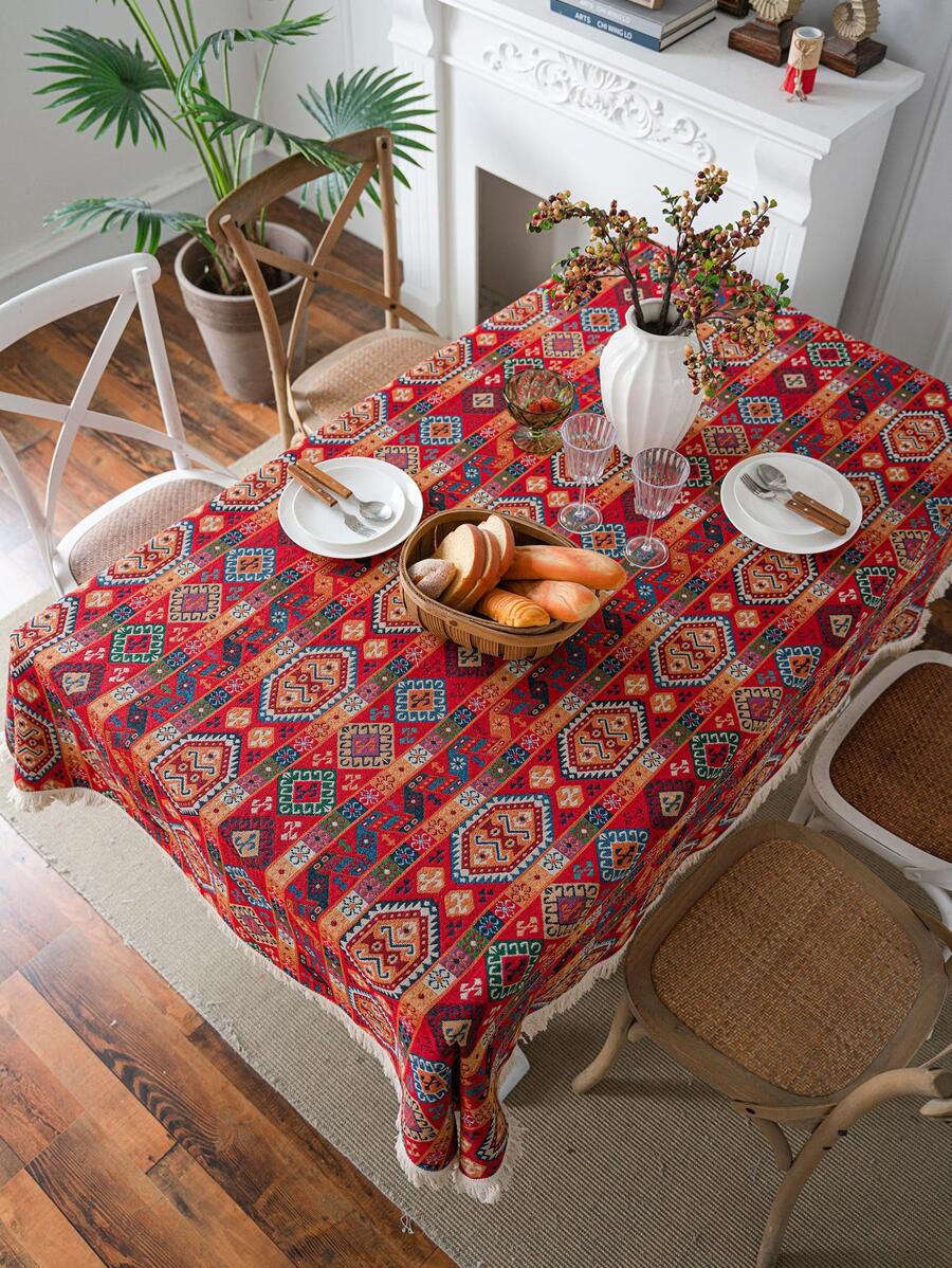 1pc Polyester Tablecloth, Modern Jacquard Geometric Pattern Waterproof Tablecloth For Kitchen Dining Table - Red - View 1