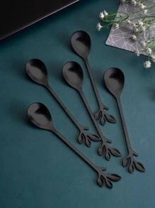 5 件叶子设计勺子、厨房、圣诞礼物、学校用品 - 黑色 - 查看 4