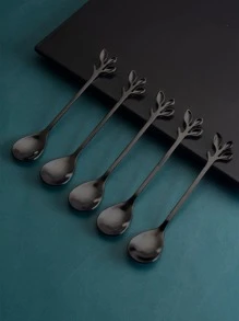 5 件叶子设计勺子、厨房、圣诞礼物、学校用品 - 黑色 - 查看 3