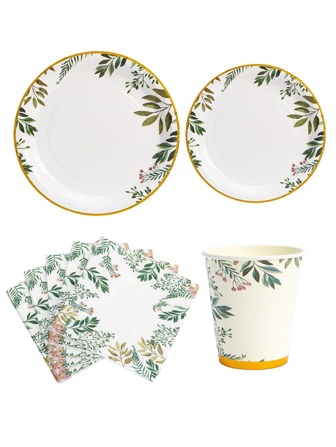 40入組葉子圖案一次性盤子和25入組一次性餐巾和20入組一次性杯子