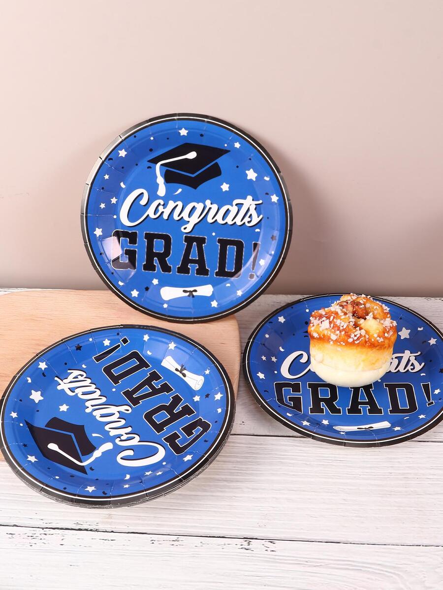 10 piezas/set Plato de cena desechable papel desechable moderno con estampado de letra redondo para graduación fiesta - Multicolor - Ver 1