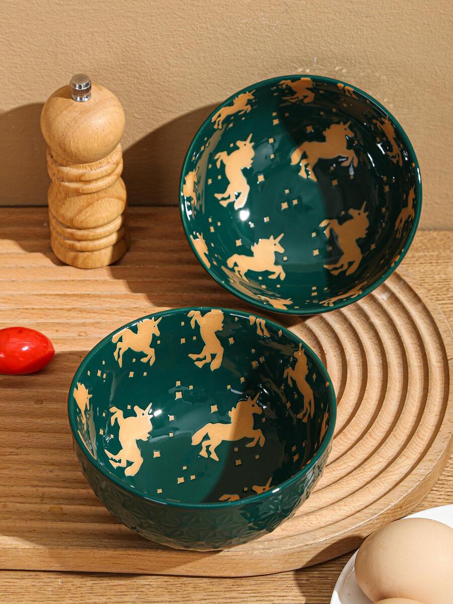 1pc Unicorn Pattern Bowl, Green Round Porcelain Bowl, For Household - Green - View 1