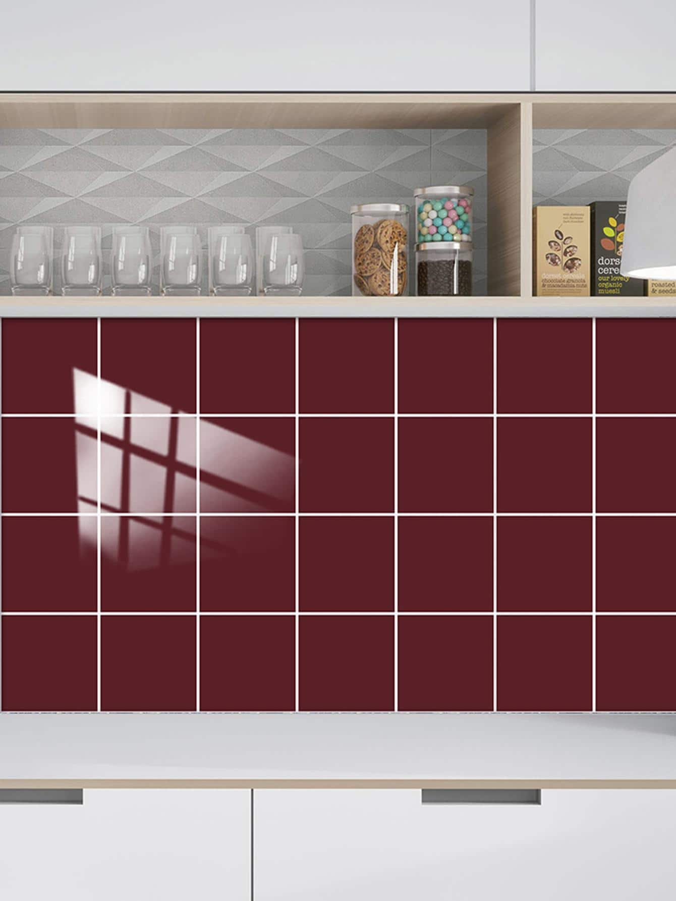 10pcs/set PVC Wall Paper, Minimalist Solid Color Wall Tile Sticker For Home - Burgundy - View 1