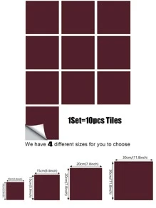 10pcs/set PVC Wall Paper, Minimalist Solid Color Wall Tile Sticker For Home - Burgundy - View 7
