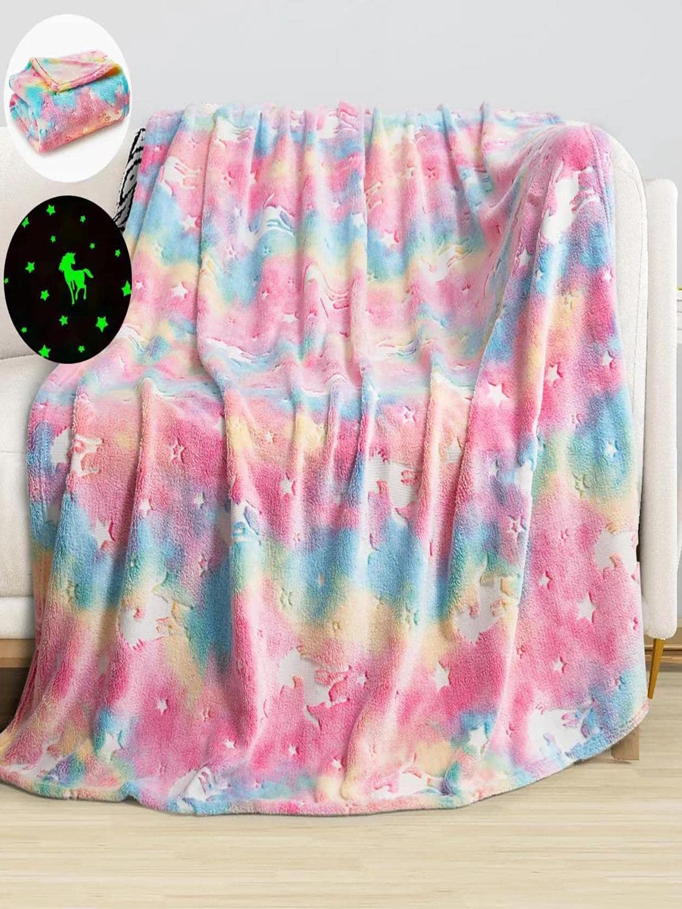 1 Phát Sáng Trong Bóng Tối Họa Tiết Kỳ Lân Chăn, Hoạt Hình Dễ Thương Nỉ Mềm Mại & Chăn Ấm Áp Cho Phòng Khách & Phòng Ngủ, Trang Trí Nhà Cửa - Hồng - Xem 1
