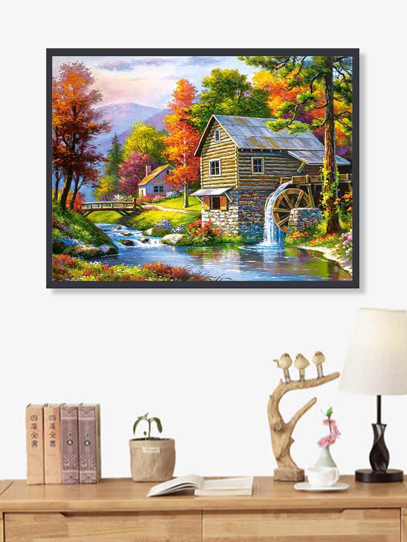 房子圖案DIY鑽石畫無框現代風景印刷鑽石畫家居裝飾 - 彩色 - 查看 1