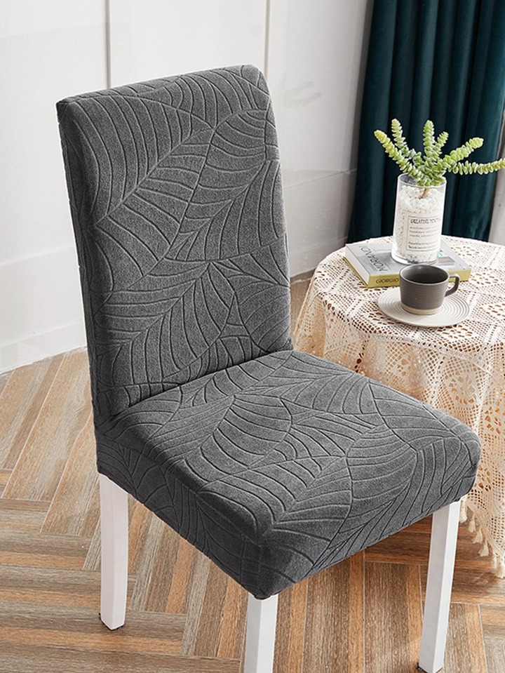 1pc Leaf Jacquard Stretchy Chair Cover Dark Grey Polyester Dining