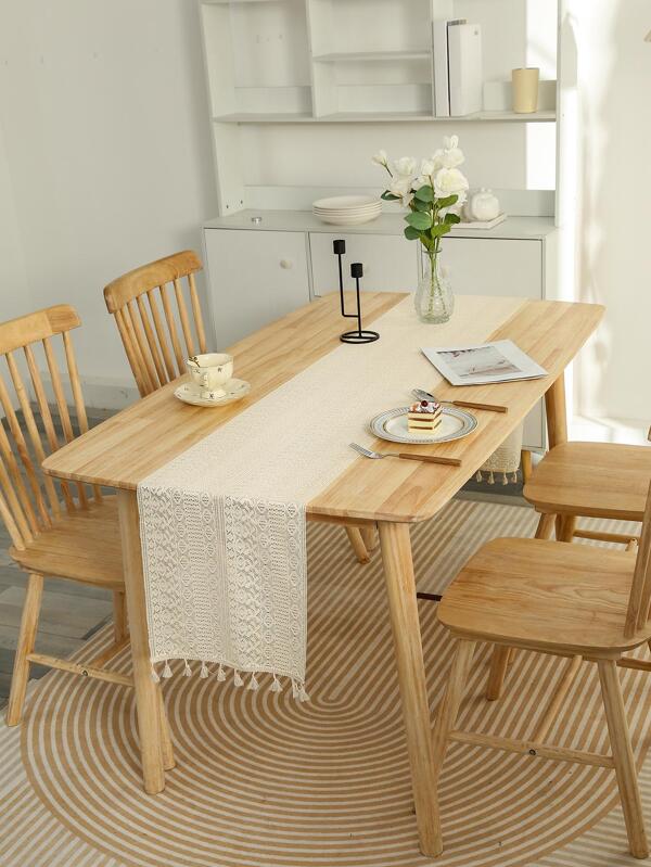 1pc Solid Color Tassel Decor Table Runner, Modern Polyester Rectangle Table Runner For Dinner Table