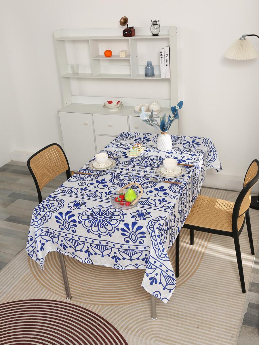 1pc Vintage Flower Pattern Tablecloth, Modern Polyester Decorative Fabric Table Cover For Dining Table - Blue and White - View 1